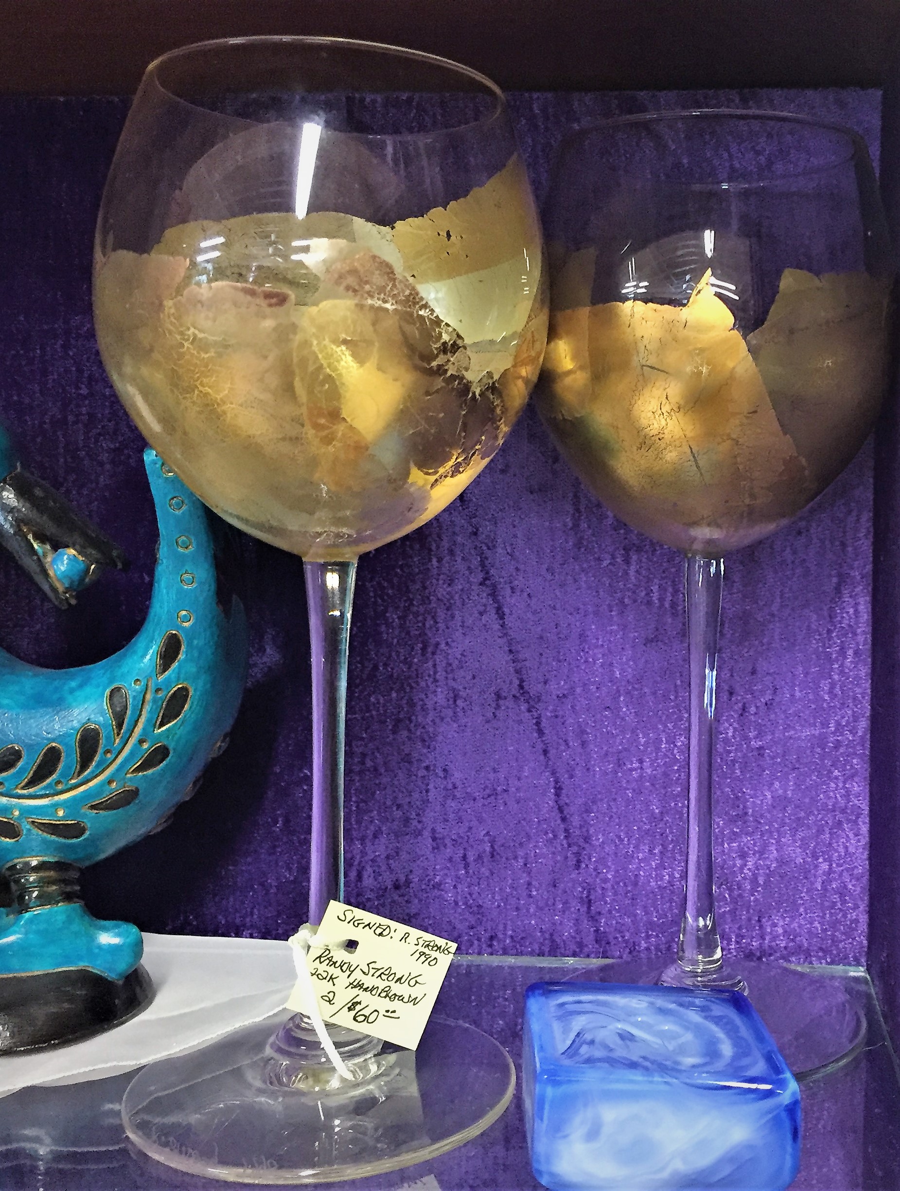 2 Handblown Wine Glasses with 22K Gold Leaf by Randy Strong 1990 ...